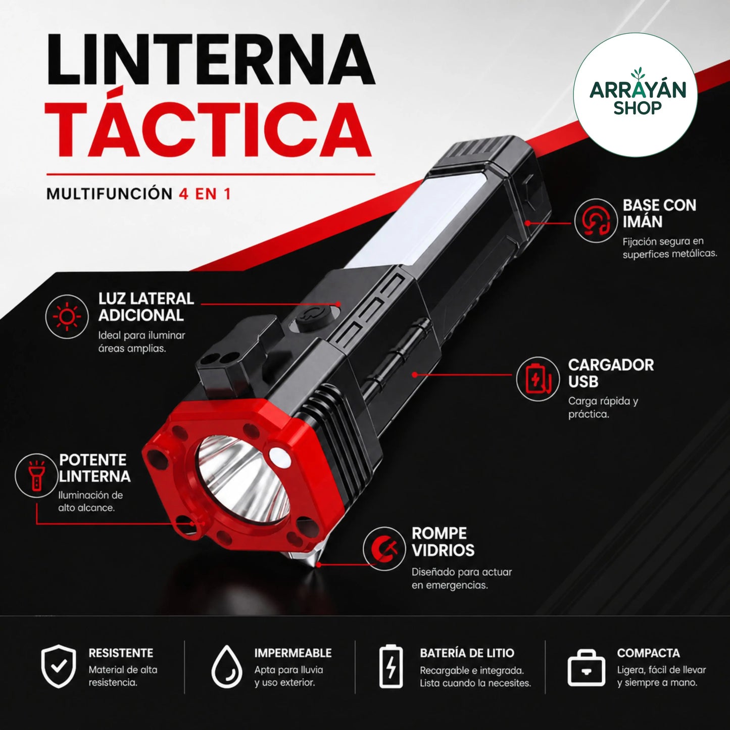Linterna Multifuncional 4 En 1 Recargable